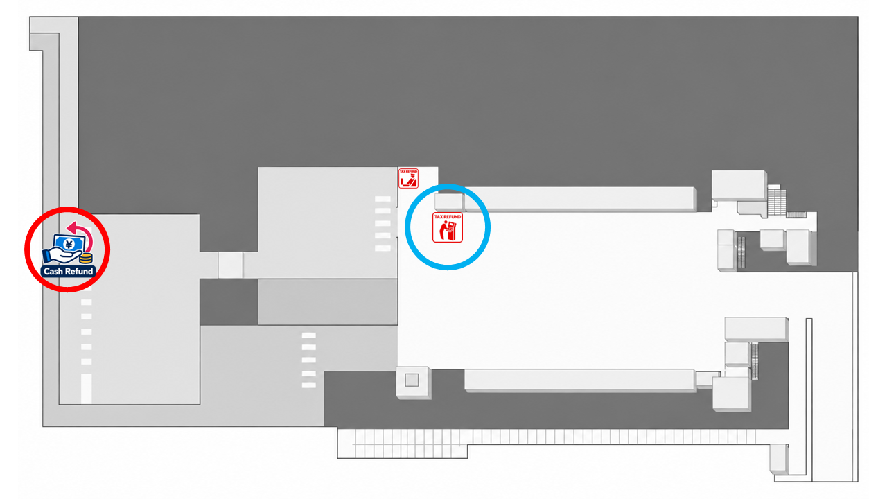 Lapangan Terbang Antarabangsa Chubu Centrair Terminal 2 Tingkat 2: lokasi kiosk pengesahan kastam bebas cukai dan terminal / kaunter bayaran balik tunai